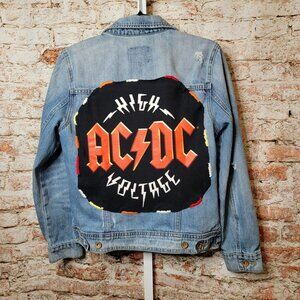 Upcycled AC/DC Band Tee Denim Jean Jacket, size small ACDC